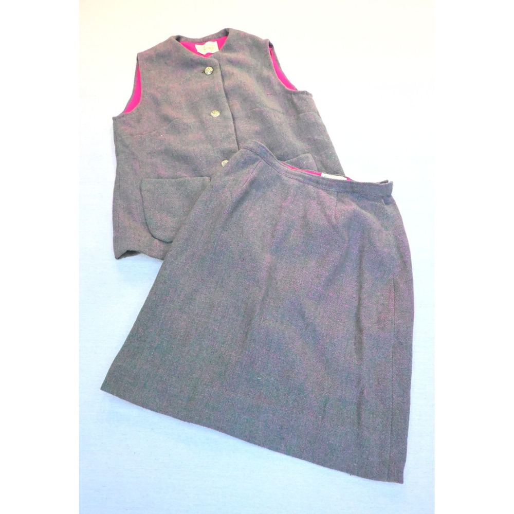 Vintage 60s Handwoven Irish Tweed Womens 2 Piece Vest Skirt Suit Grey Green Pink